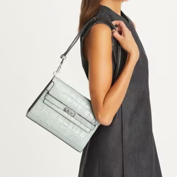 Tory Burch Lee Radziwill Ice Blue Croc-Embossed Shoulder Bag - Picture 3 of 16